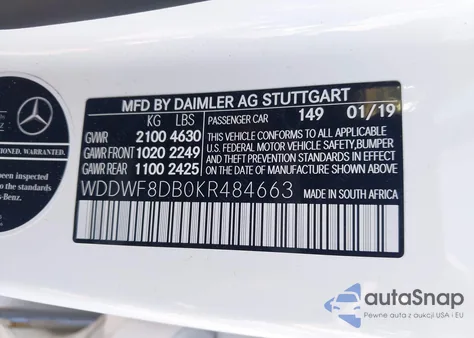 2019 Mercedes-Benz C 300 z USA, uszkodzony, nr VIN WDDWF8DB0KR484663